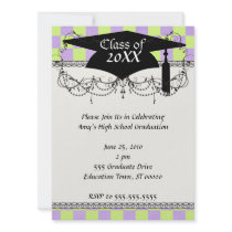 retro purple green chequered graduation grad personalised invite
