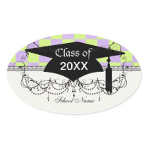 retro purple green chequered graduation grad oval sticker