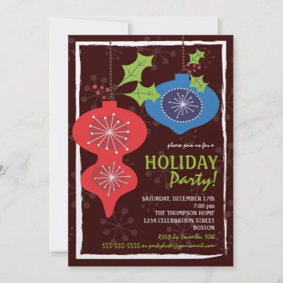 Retro Red Blue Christmas Ornaments Holiday Party Personalized Invites by