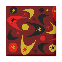 Retro Red Gold & Black Starburst Boomerang Magnets