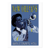 Retro vector Art New Orleans jazz trumpet player Postcards