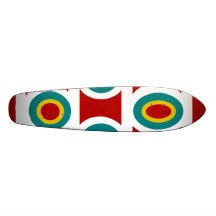 Retro white teal yellow circles on burgundy skateboard deck