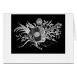 Reverse black and white of a lute and flowers cards