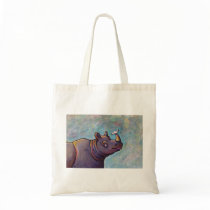 Rhinoceros art little bird gossip fun painting tote bag