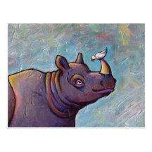 Rhinoceros art little bird gossip fun painting postcards