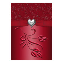 Rich Red Silver Heart Floral Wedding Invitation
