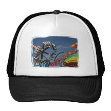 Rides at a county fair against a blue sky hat