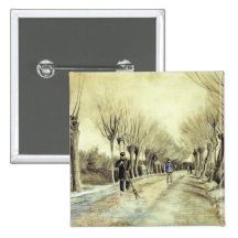 Road with Pollarded Willows and a Man with a Broom Pinback Button