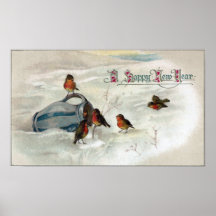 Robins and Pitcher Vintage New Year Print
