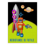 Robot Holding Ray Gun with Roket Ship and Planets cards