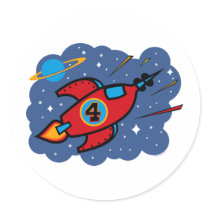 Rocket Ship 4th Birthday Round Sticker