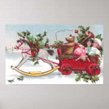 Rocking Horse, Teddy and Wagon Vintage Christmas Print