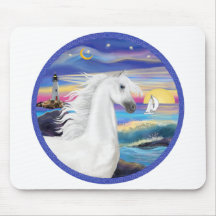Rocks and Sea - White Arabian Horse 2 Mouse Mats