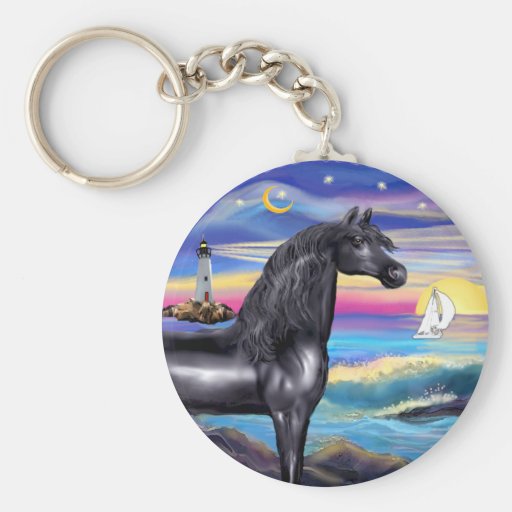 Rocks-Sea-Black Arabian Horse (round) Keychains