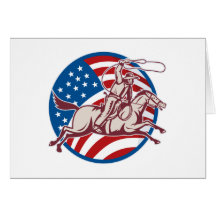 Rodeo cowboy riding horse lasso american flag greeting cards