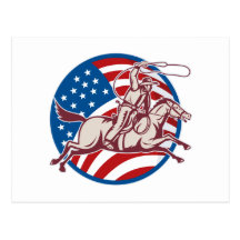 Rodeo cowboy riding horse lasso american flag post cards