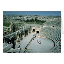 Roman amphitheatre with oval piazza behind, Jarash Greeting Cards