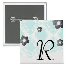 romantic aqua blue on white elegant damask pinback buttons