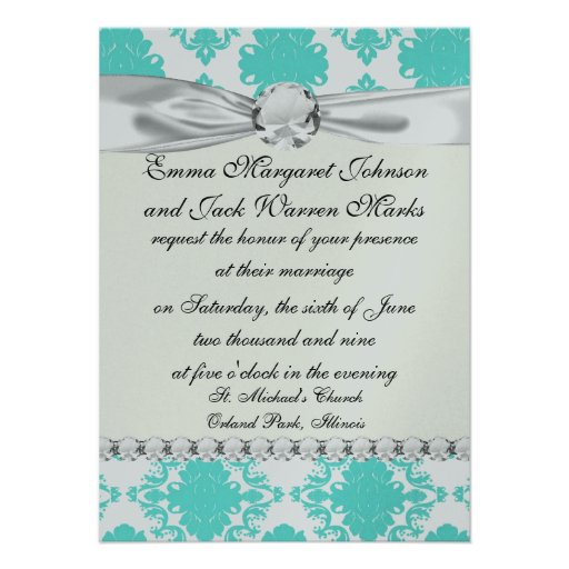 romantic aqua blue on white elegant damask personalised invites