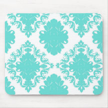 romantic aqua blue on white elegant damask mousemats