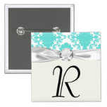 romantic aqua blue white damask design pinback buttons