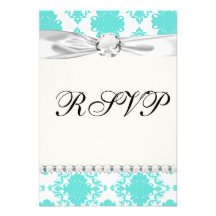 romantic aqua blue white damask design invitations