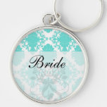 romantic aqua blue white damask design key chain