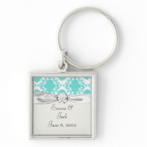 romantic aqua blue white damask design keychains