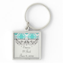 romantic aqua blue white damask design keychains