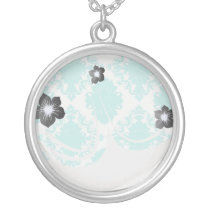 romantic aqua blue white damask design necklaces