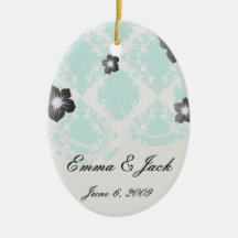 romantic aqua blue white damask design christmas tree ornament