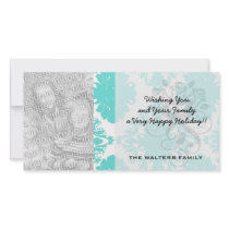 romantic aqua blue white damask design photo card