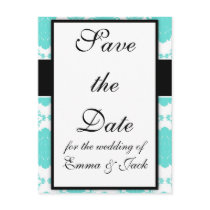 romantic aqua blue white damask design post card