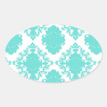 romantic aqua blue white damask design oval sticker