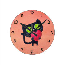Romantic Cat hugging Red Cute Heart wall clocks