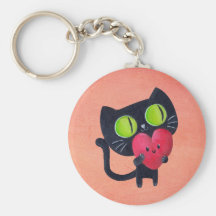 Romantic Cat hugging Red Cute Heart Keychain