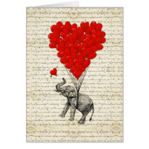 Romantic elephant & heart balloons greeting cards