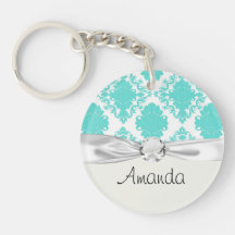 romantic light aqua blue on white elegant damask round acrylic keychain