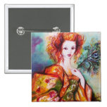 ROMANTIC WOMAN WITH PEACOCK FEATHER BUTTON