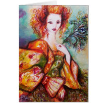 ROMANTIC WOMAN WITH SPARKLING PEACOCK FEATHER CARD