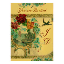 ROMANTİCA 3 ELEGANT GOLD BLUE WEDDING MONOGRAM INVITES