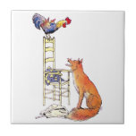 Rooster on Chair Looking Down at Fox Ceramic Tiles