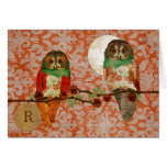 Rose Owls Amber Damask Monogram Notecard