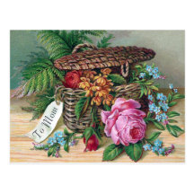 Roses and Ferns in Basket Vintage Victorian Postcards