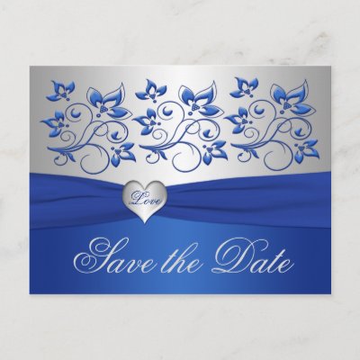 Royal Blue and Silver Heart Save the Date Card Post Cards by NiteOwlStudio