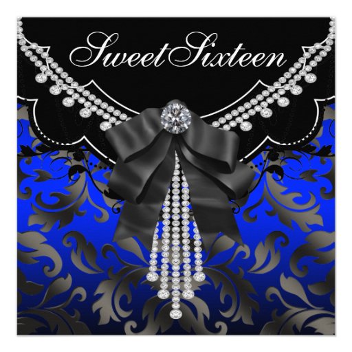 Royal Blue Black Damask Sweet Sixteen Birthday Par Personalized Invites