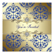 Royal Blue Gold Damask Party Invitations