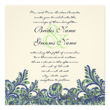 Royal Blue & Green Paisley Damask Wedding Invite