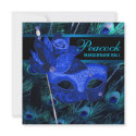 Royal Blue Peacock Feathers Masquerade Party invitations