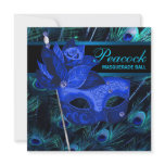 Royal Blue Peacock Feathers Masquerade Party invitations